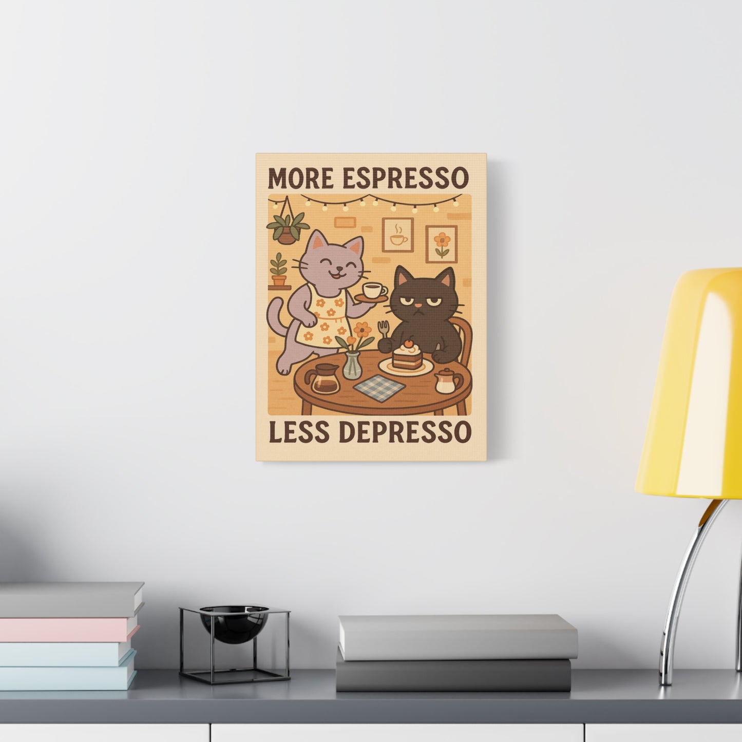 More Espresso, Less Depresso – Whimsical Café Cats Canvas Wall Art