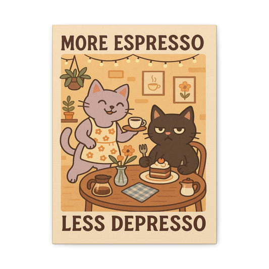 More Espresso, Less Depresso – Whimsical Café Cats Canvas Wall Art