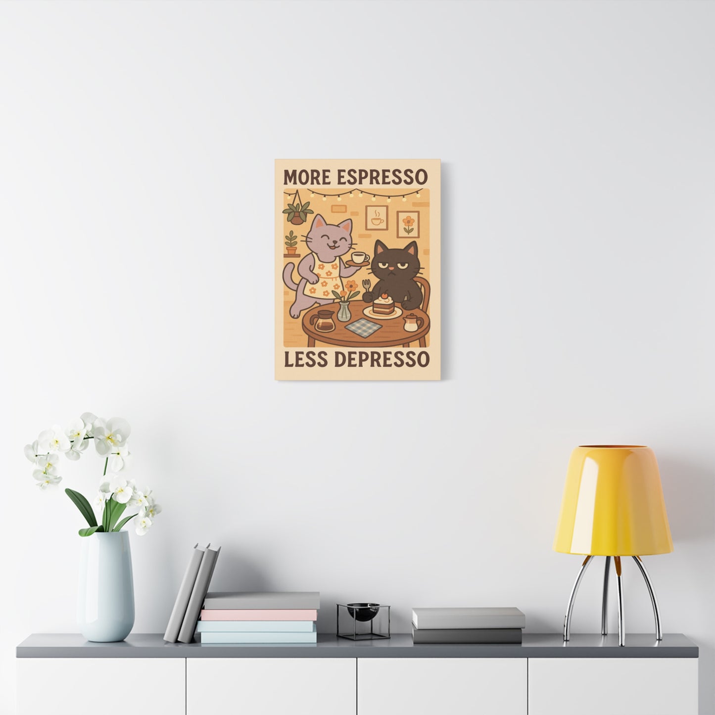 More Espresso, Less Depresso – Whimsical Café Cats Canvas Wall Art