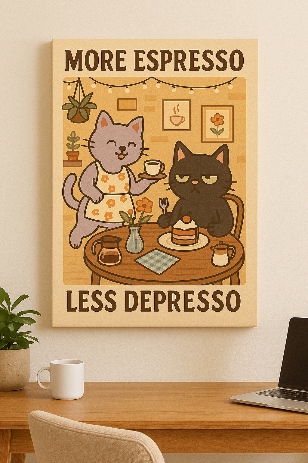 More Espresso, Less Depresso – Whimsical Café Cats Canvas Wall Art